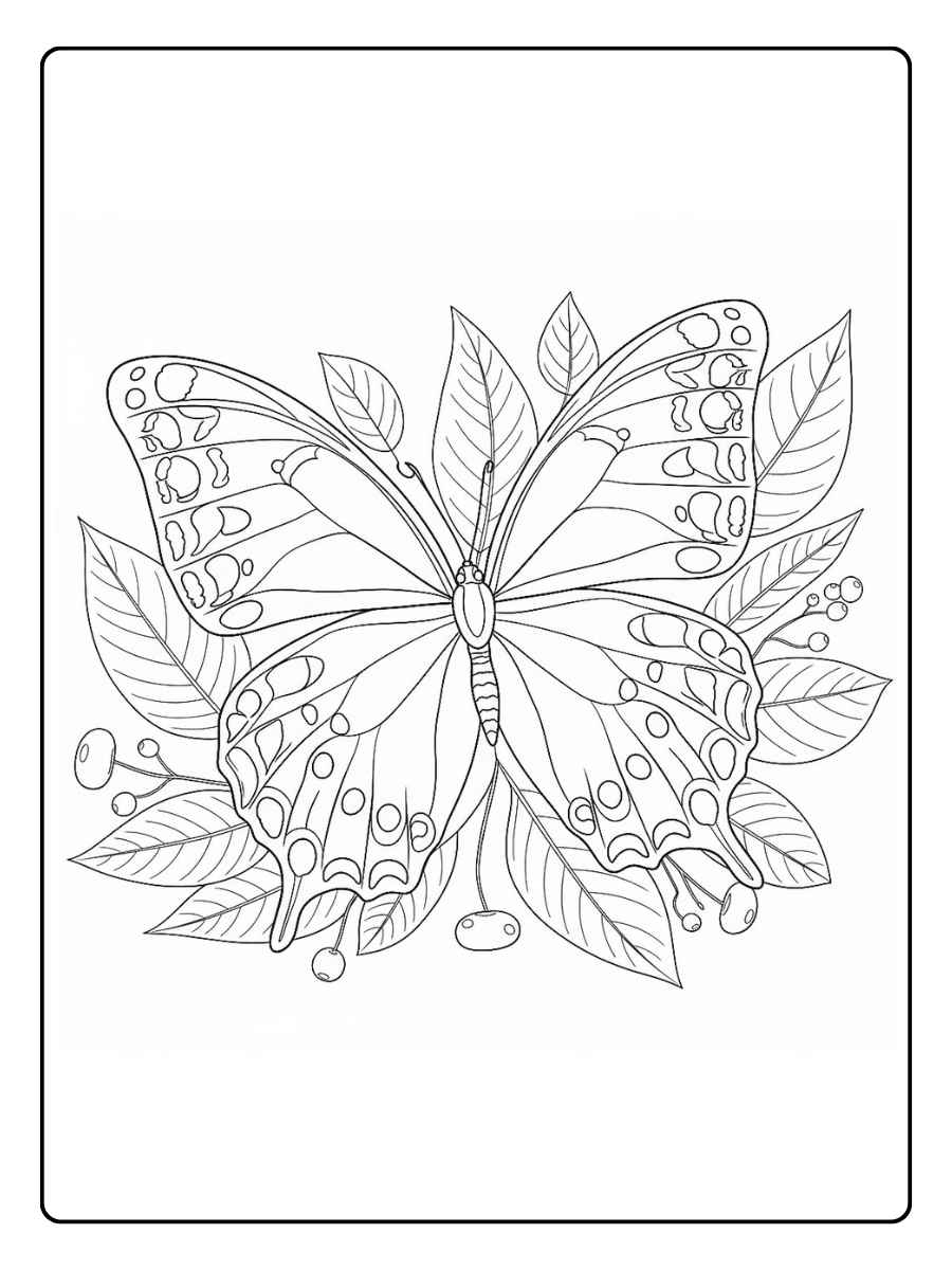 Kleurplaat bloemen vlinders Grote vlinder met decoratieve bloemen