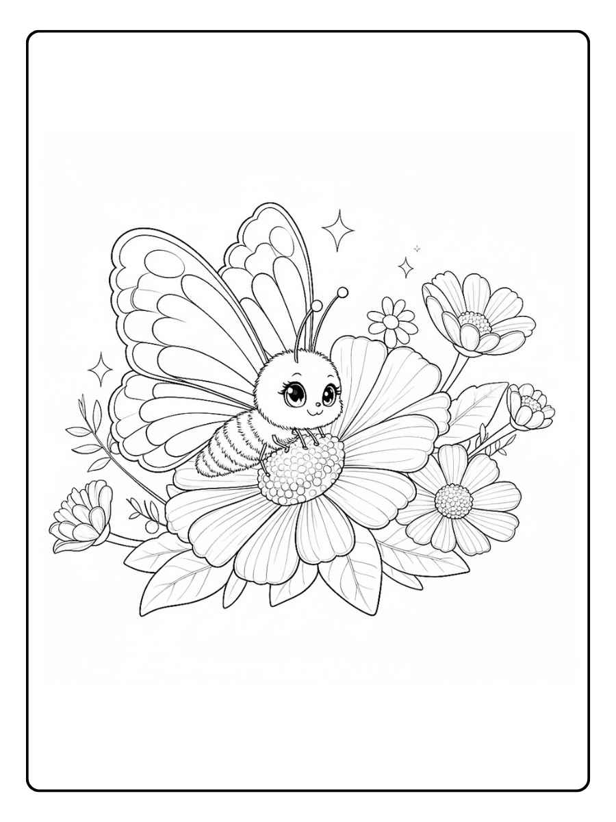Kleurplaat bloemen vlinders Schattige vlinder op bloem