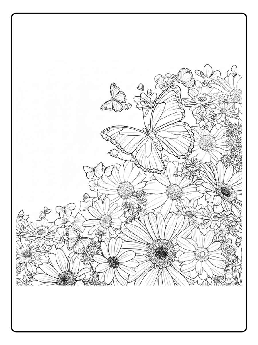 Kleurplaat bloemen vlinders Veld met bloemen en vlinders