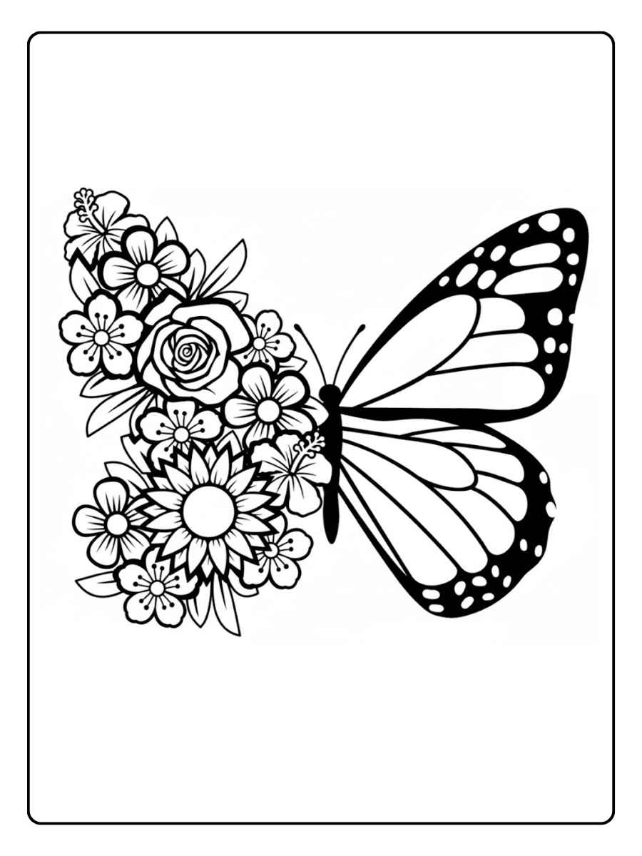 Kleurplaat bloemen vlinders Vlinder gevormd van bloemen