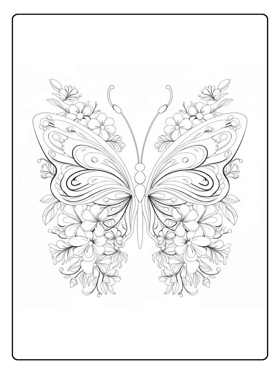 Kleurplaat bloemen volwassenen Gedetailleerde vlinder met bloemen