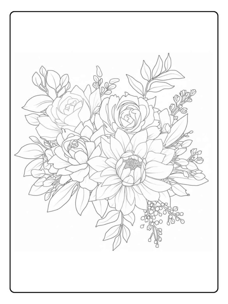 Kleurplaat bloemen volwassenen Gemengd boeket met rozen en zonnebloemen