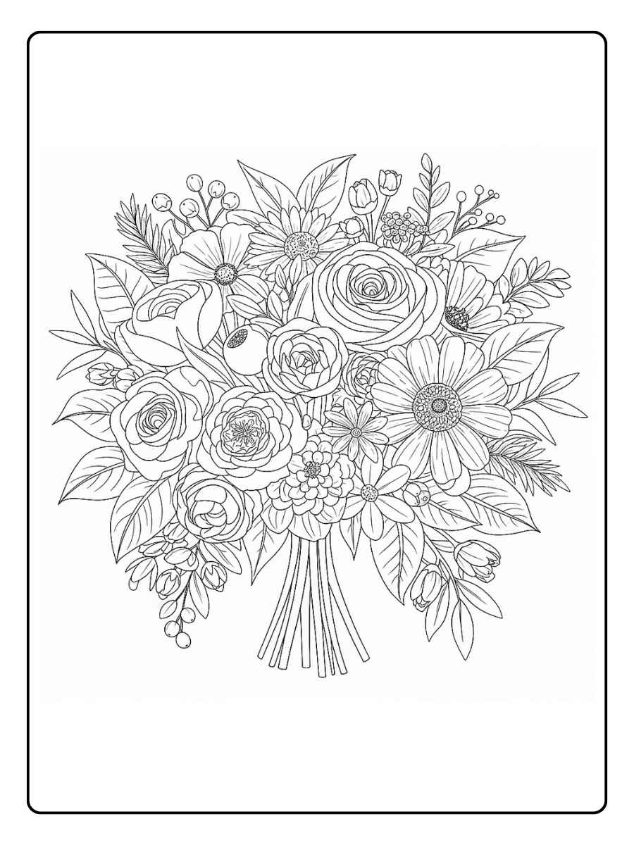 Kleurplaat bloemen volwassenen Groot romantisch bloemenboeket