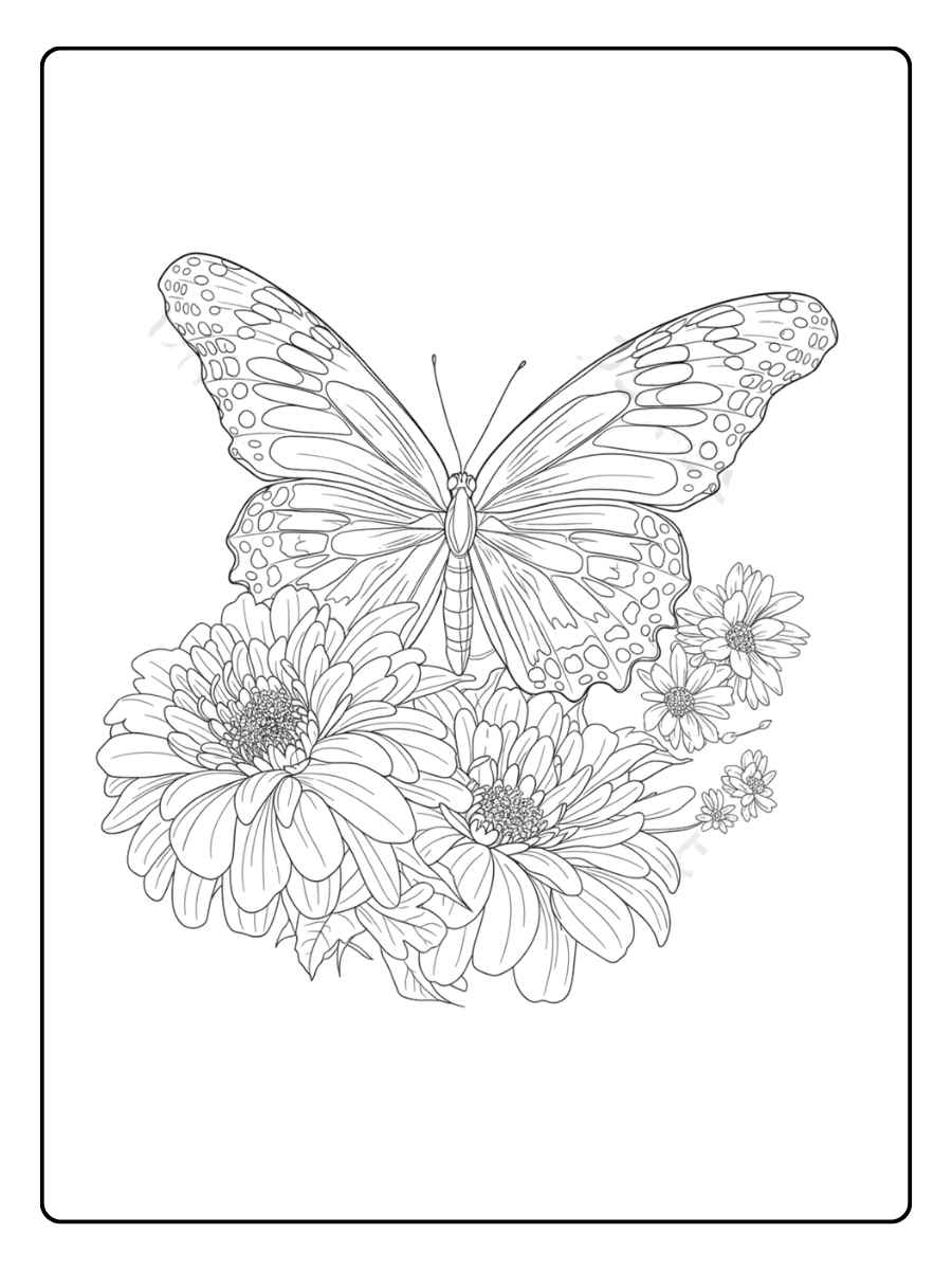 Kleurplaat bloemen volwassenen Vlinder op een bloemenboeket