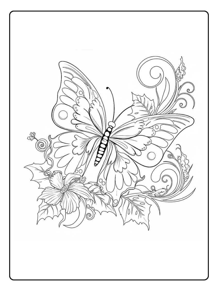 Kleurplaat bloemen volwassenen Vlinder tussen sierbloemen