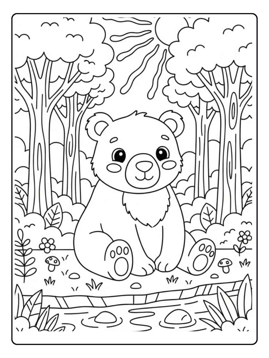 Kleurplaat dieren moeilijk Beer in boslandschap