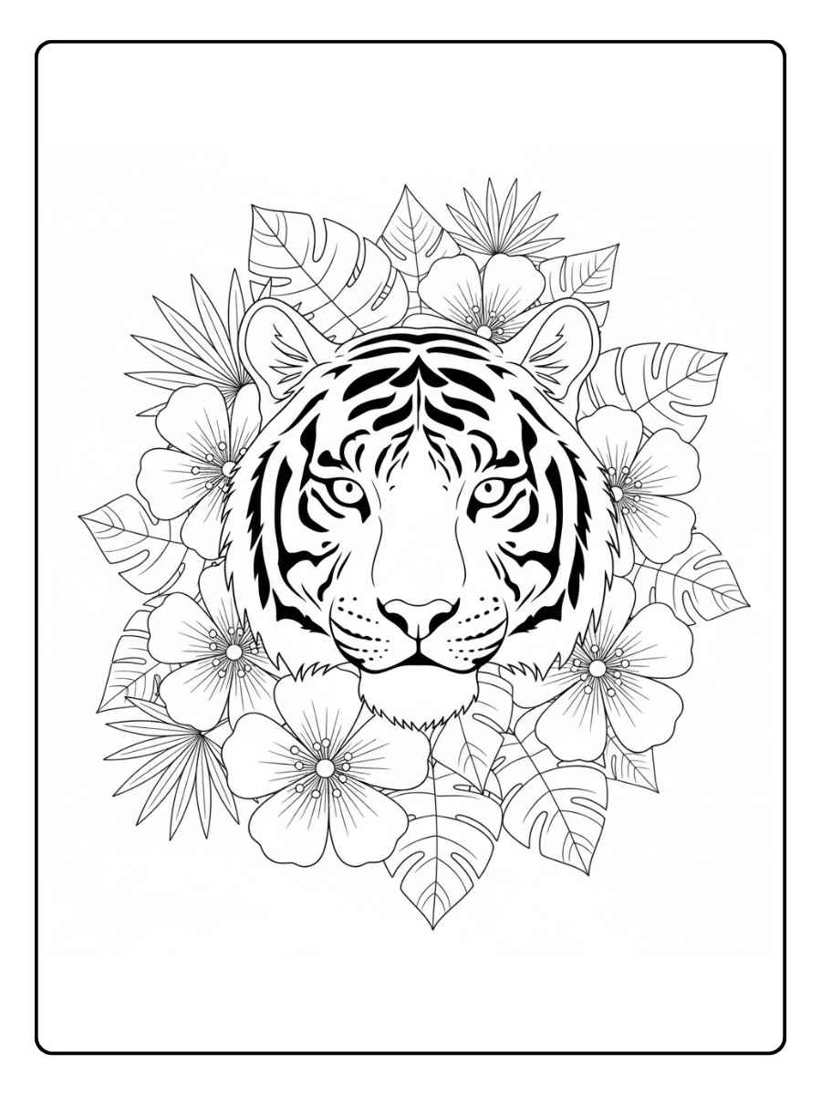 Kleurplaat dieren moeilijk Tijger portret met bloemen