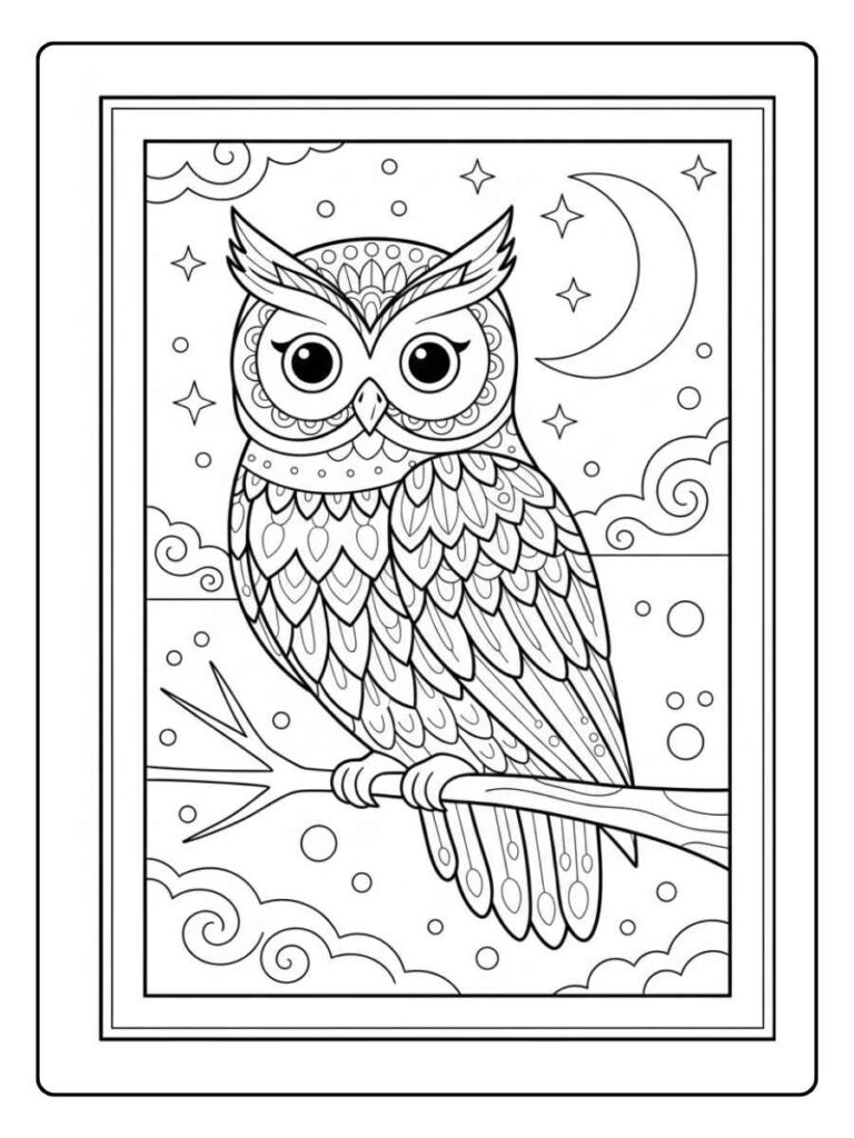 Kleurplaat dieren moeilijk Uil in nachtlandschap