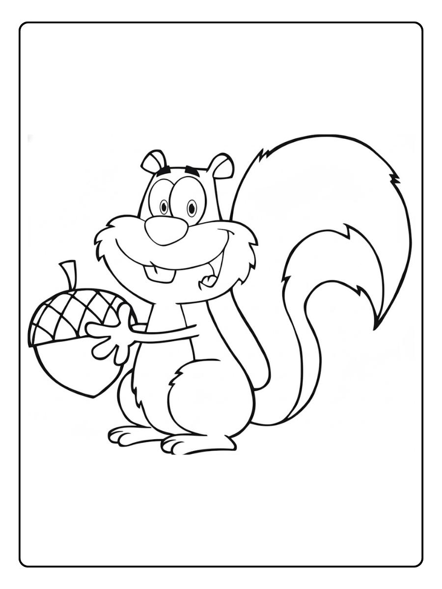 Kleurplaat eekhoorntje vrolijk eekhoorntje met mand vol eikels