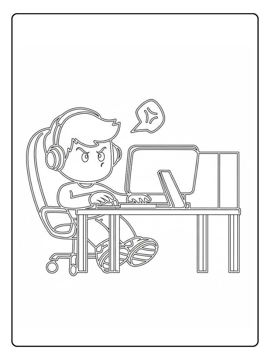 Kleurplaat game gamer aan bureau met headset