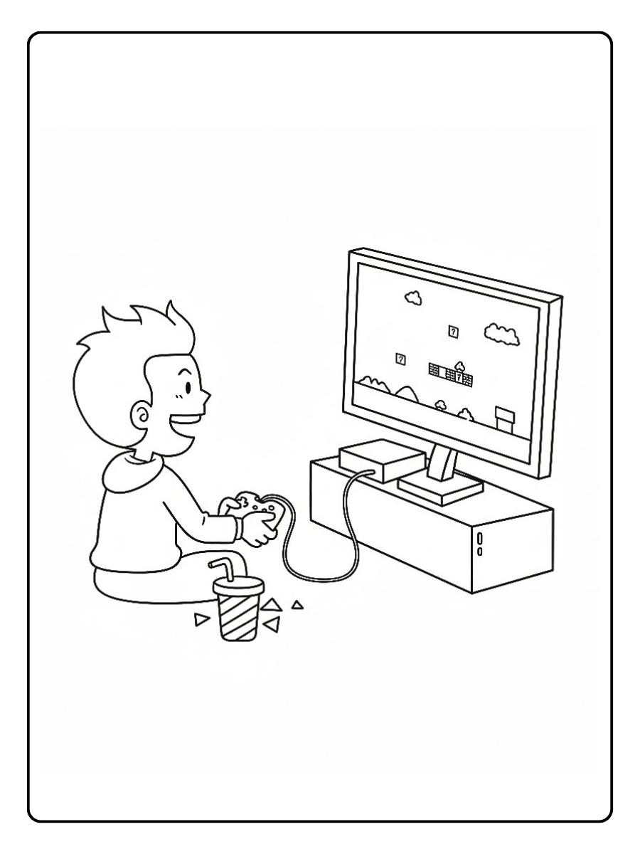 Kleurplaat game jongen die console aansluit en speelt