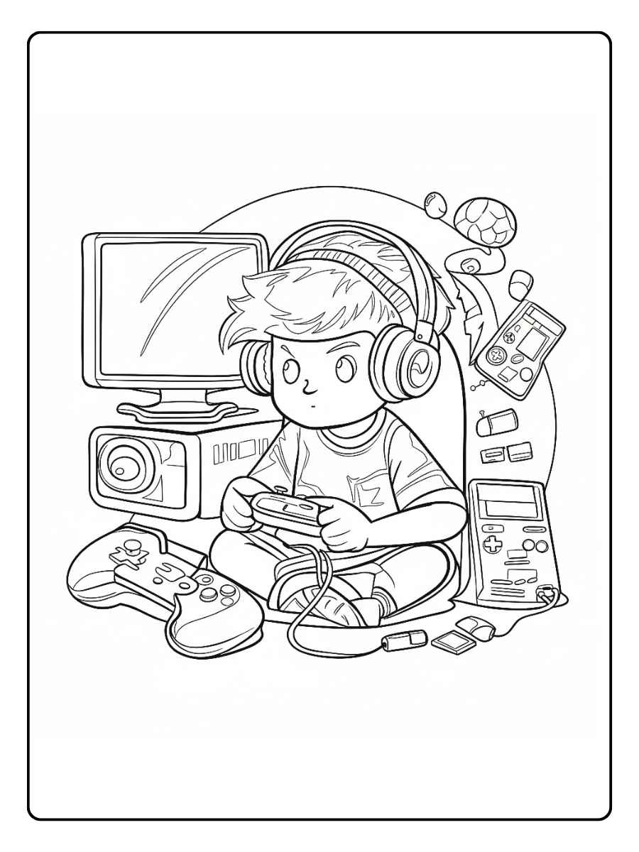 Kleurplaat game jongen die games speelt met headset