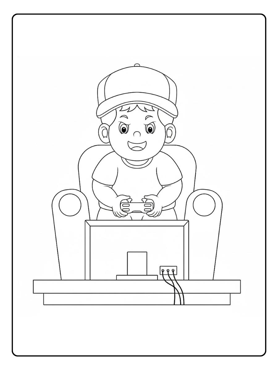 Kleurplaat game jongen op bank met console