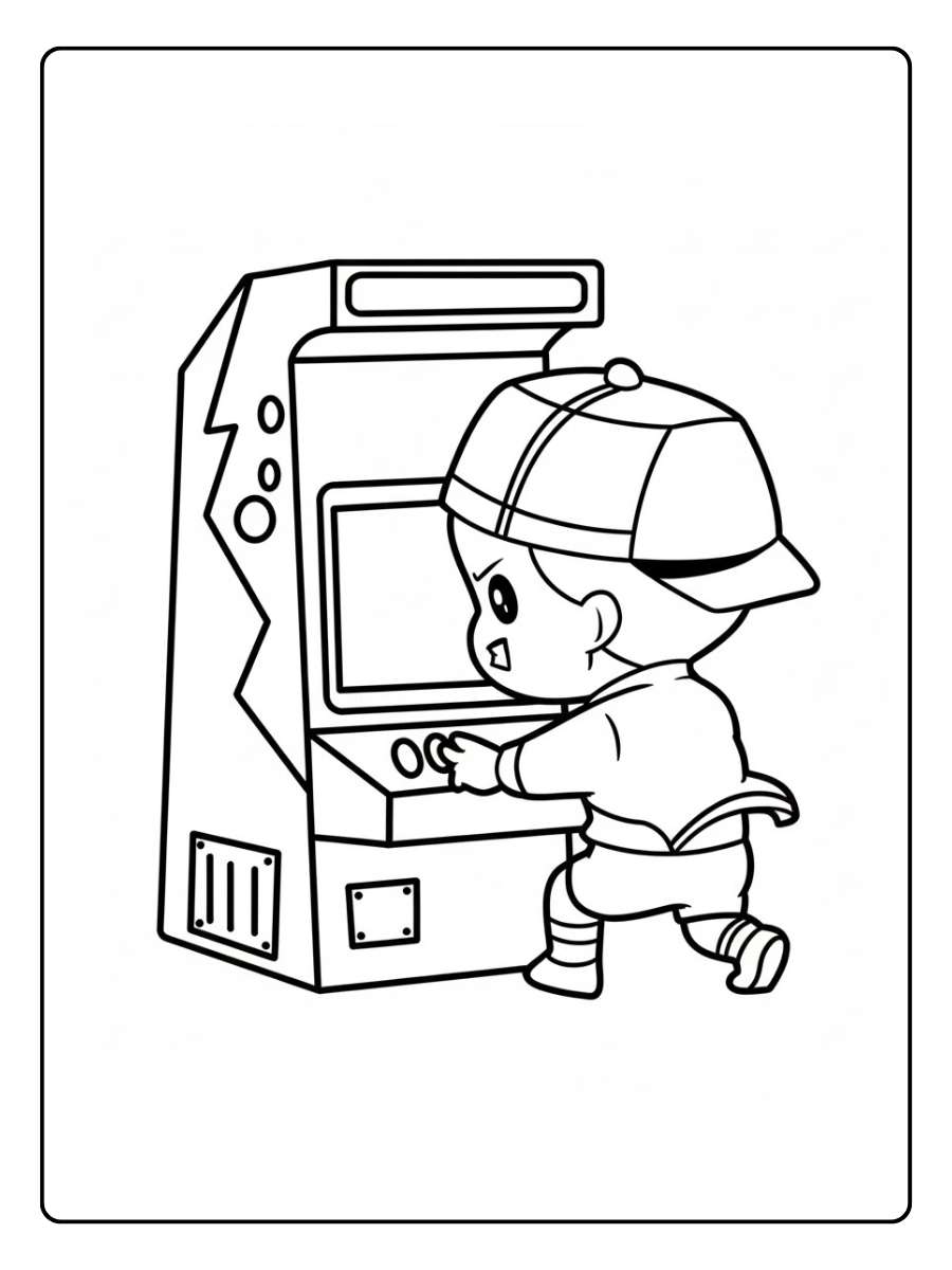Kleurplaat game kind bij speelautomaat