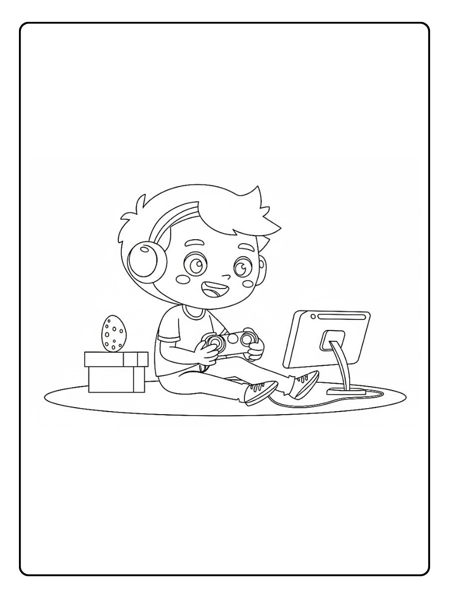Kleurplaat game kind die op computer gamet