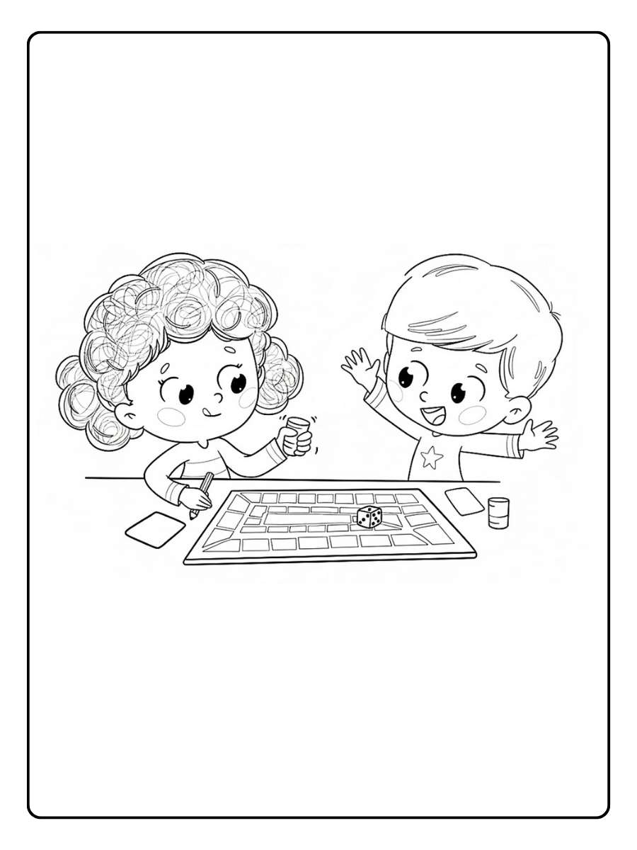 Kleurplaat game twee kinderen samen aan bordspel