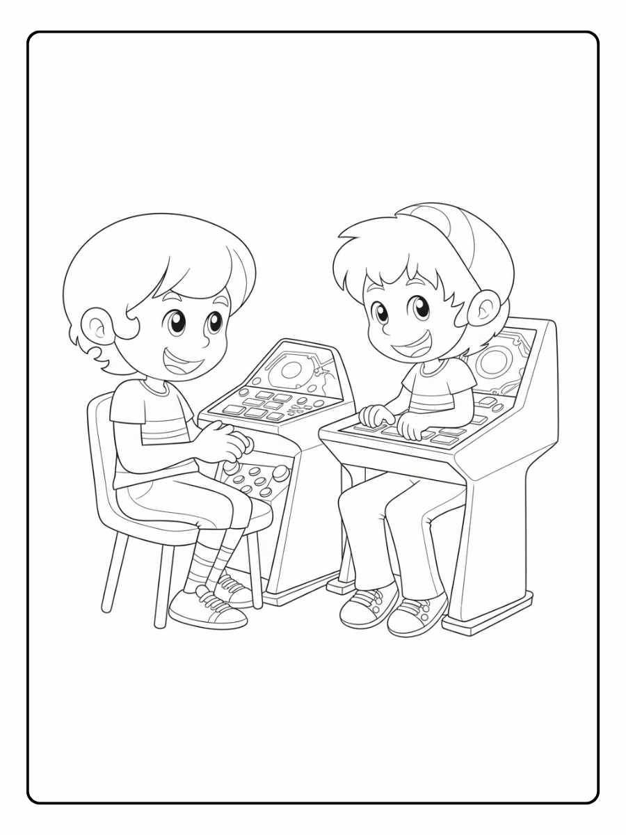 Kleurplaat game twee kinderen spelen arcadespel