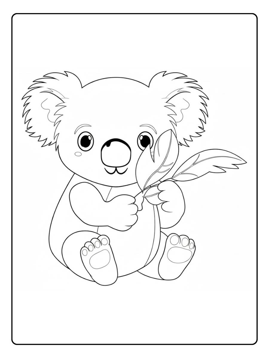 Kleurplaat koala koala met eucalyptusblad