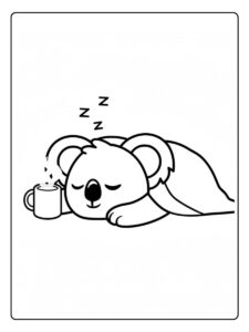 Kleurplaat koala slapende koala met mok