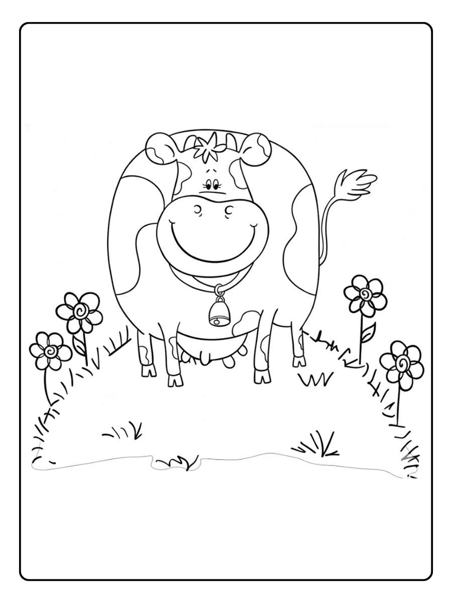 Kleurplaat koe in het gras met bloemen