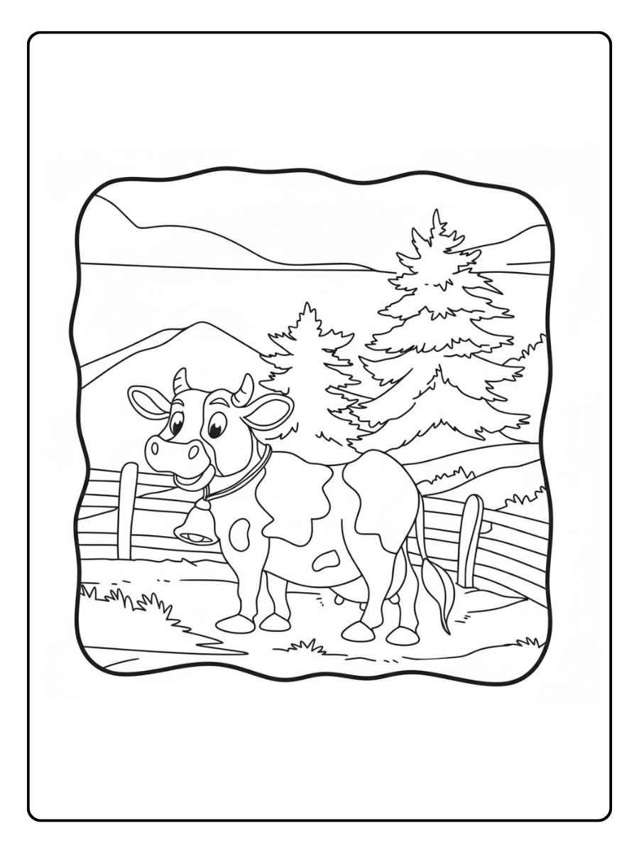 Kleurplaat koe koe bij hek en bomen