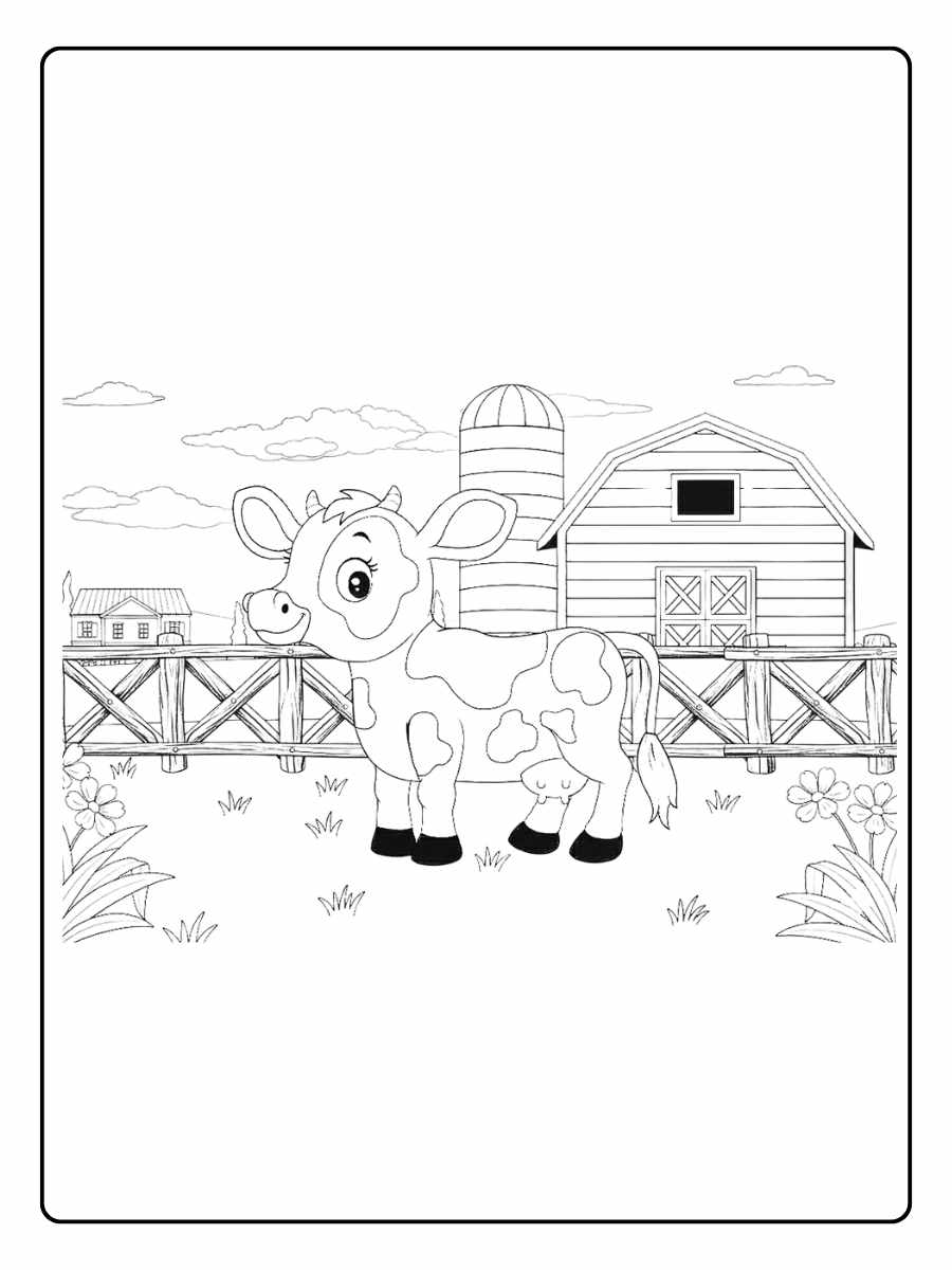 Kleurplaat koe koe op de boerderij met schuur en hek
