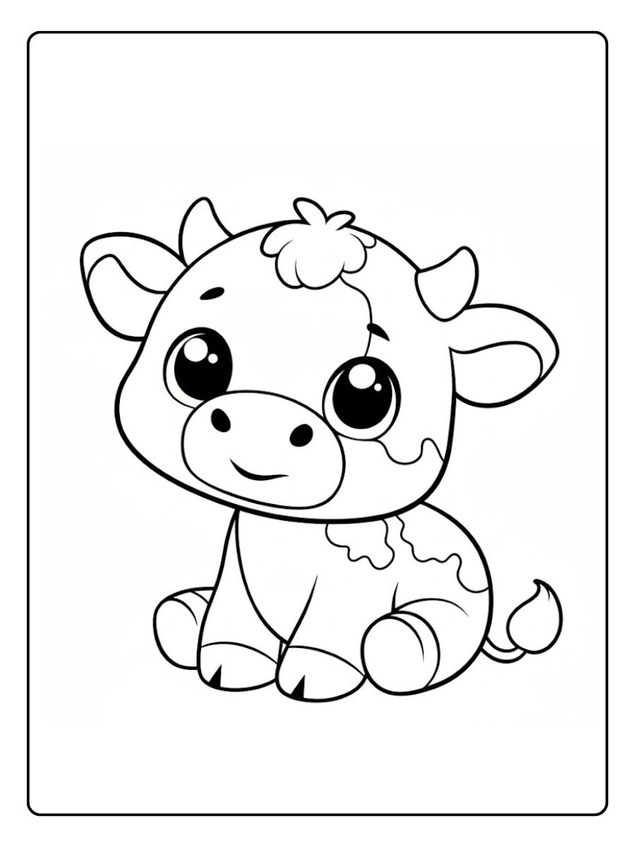 Kleurplaat koe lieve babykoe met grote ogen