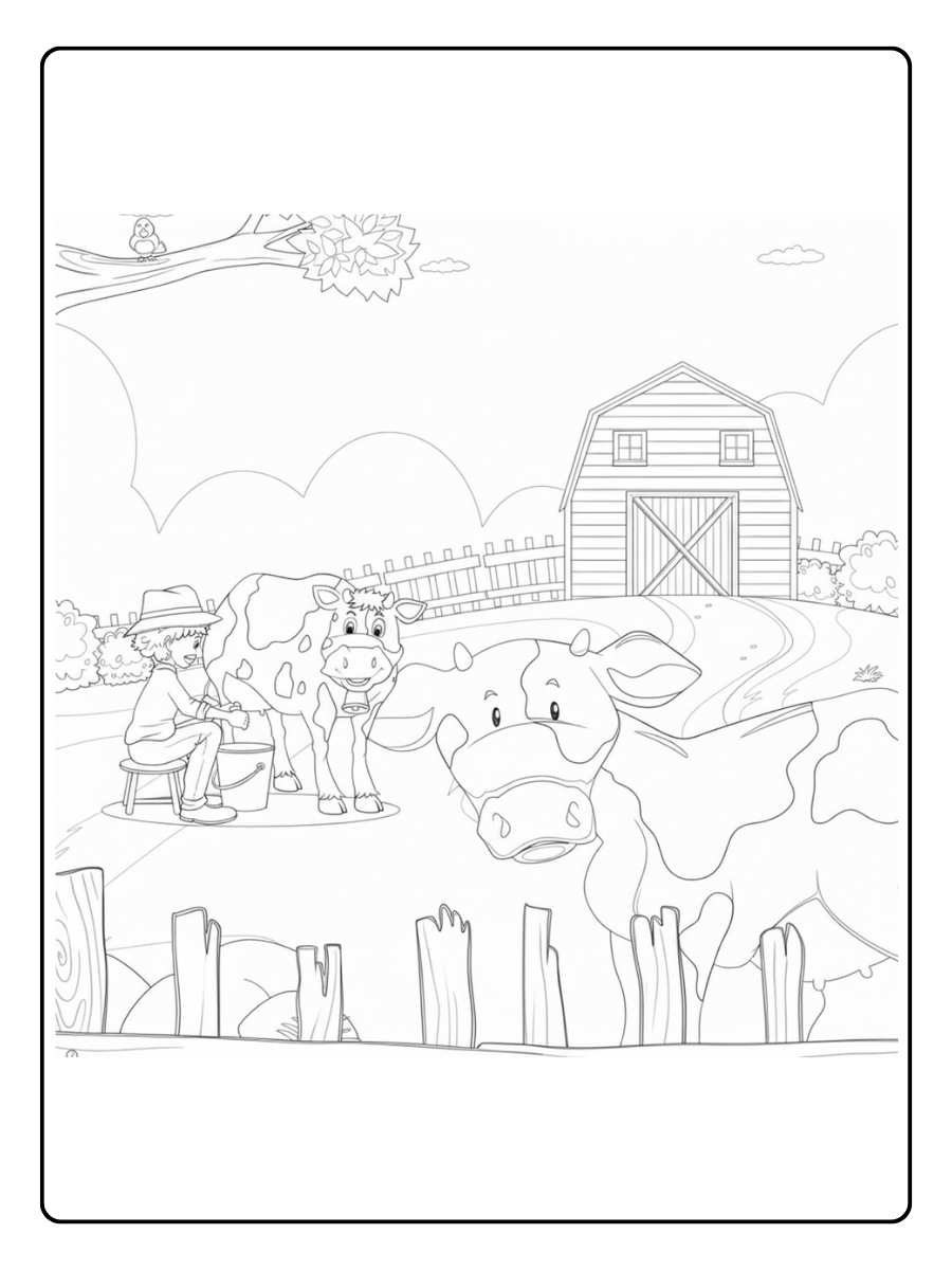 Kleurplaat koe op de boerderij met schuur