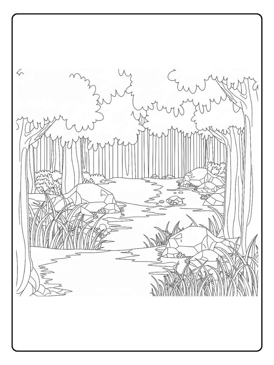 Kleurplaat natuur bos en beekje