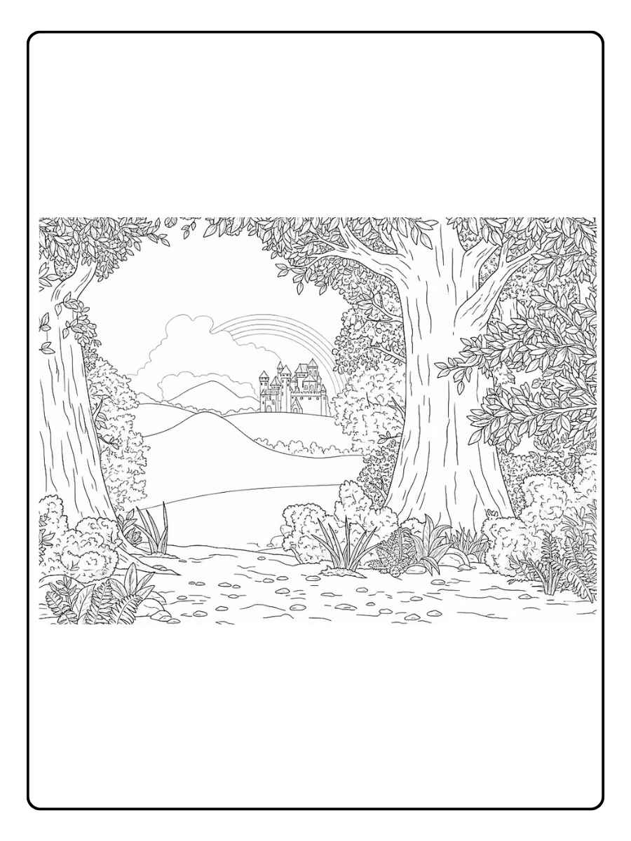 Kleurplaat natuur bos met grote boom