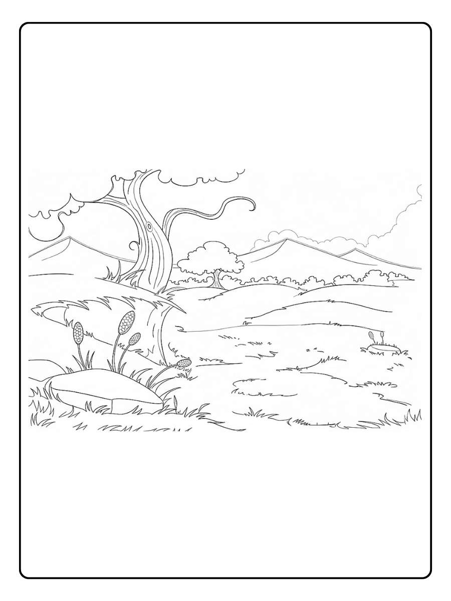 Kleurplaat natuur grote boom in open veld