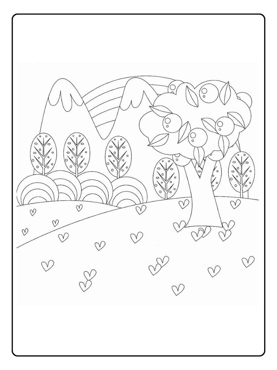 Kleurplaat natuur heuvels en bomen