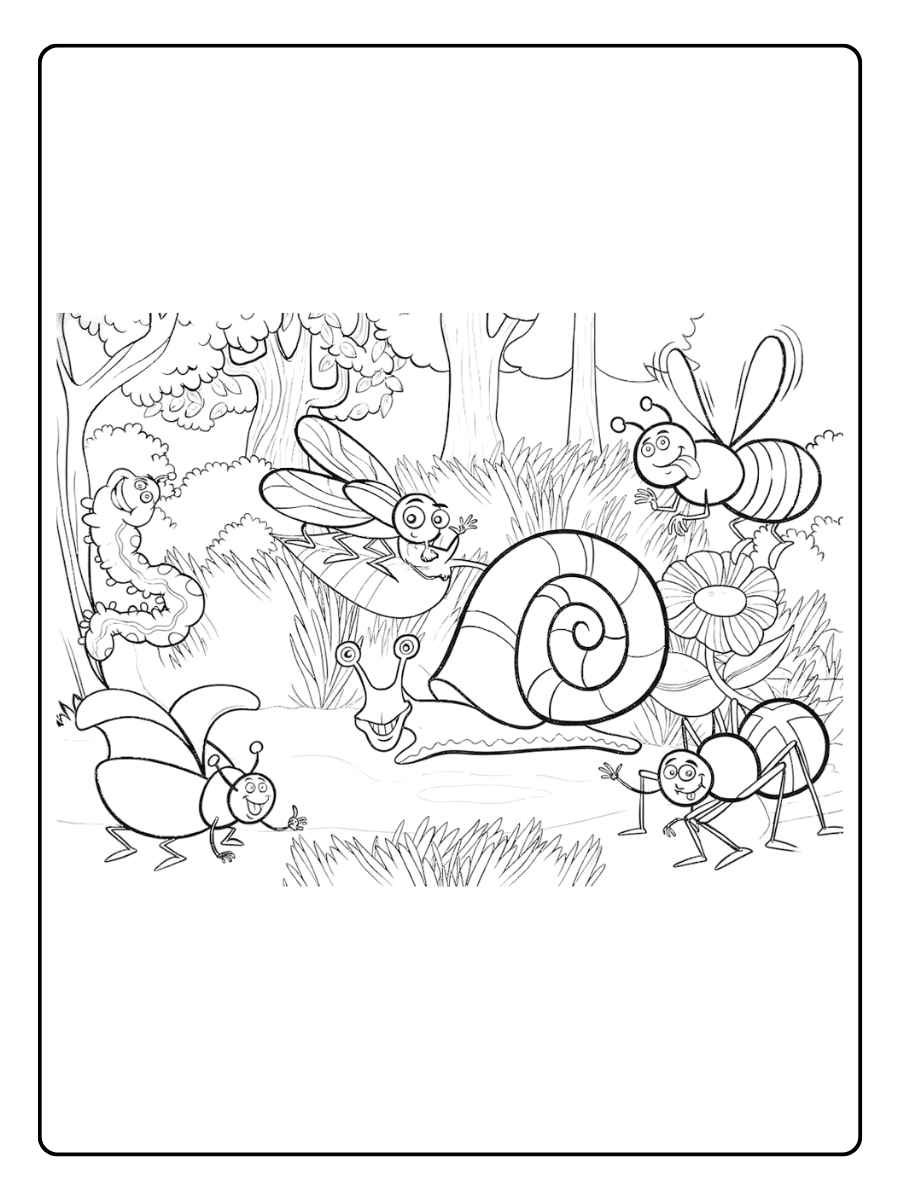 Kleurplaat natuur insecten in het bos