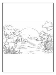 Kleurplaat natuur landschap bij zonsondergang