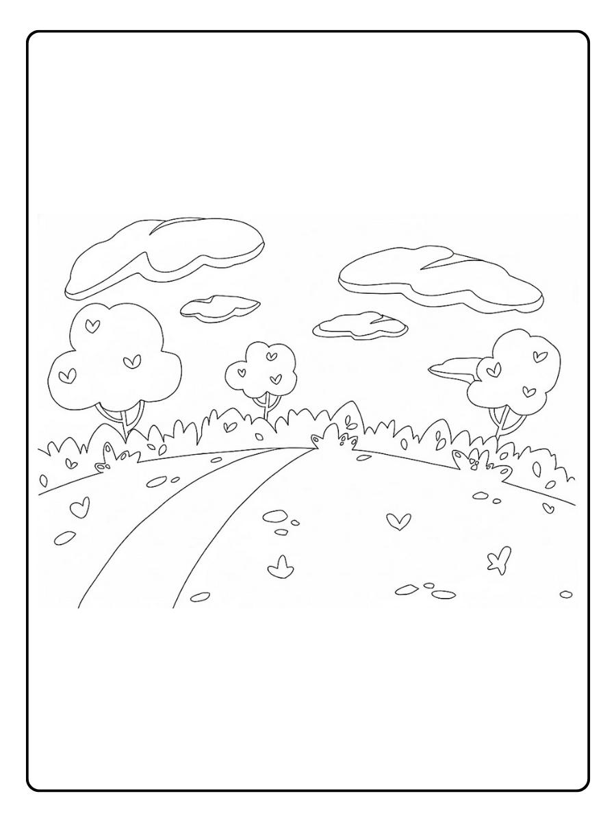 Kleurplaat natuur open veld met wolken