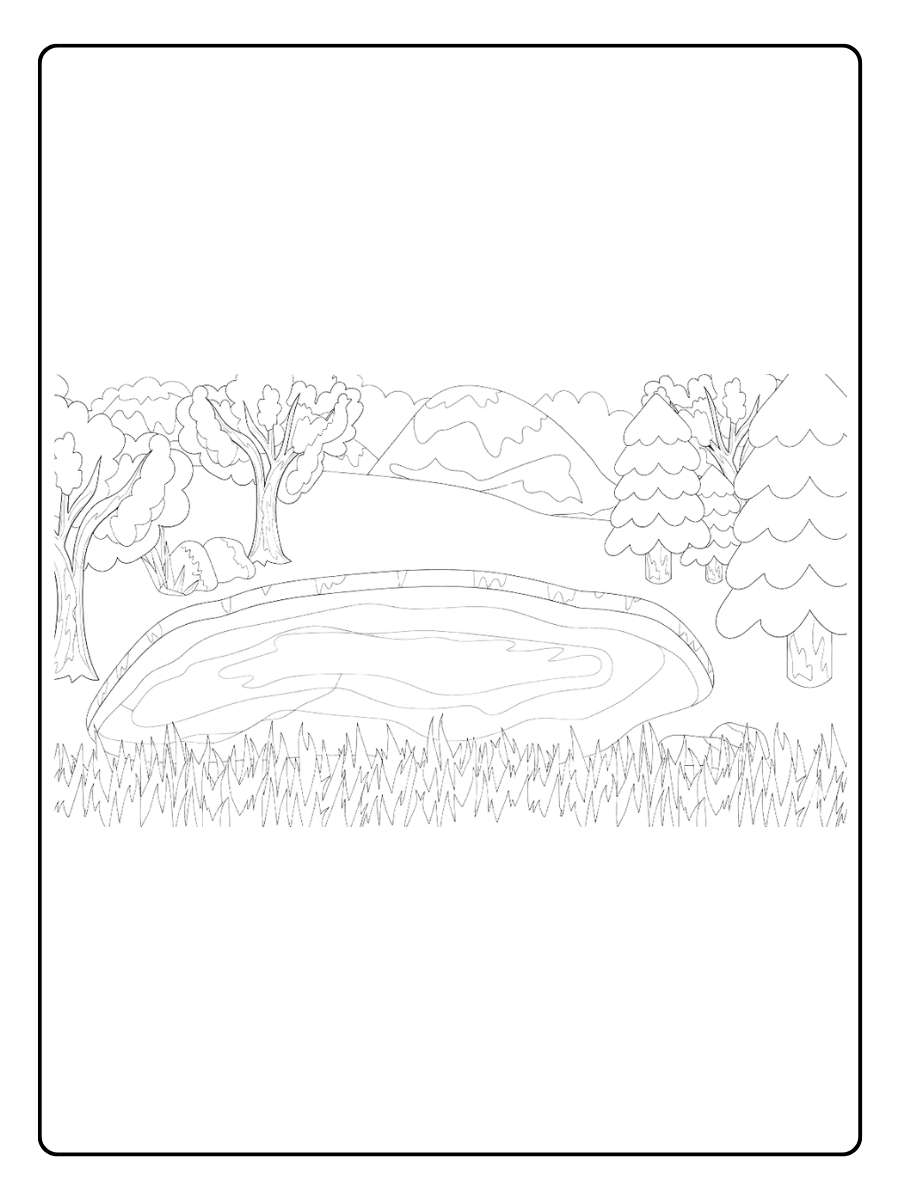 Kleurplaat natuur vijver in het bos