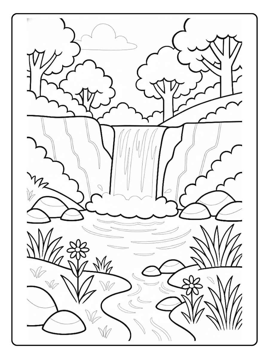 Kleurplaat natuur waterval en rivier