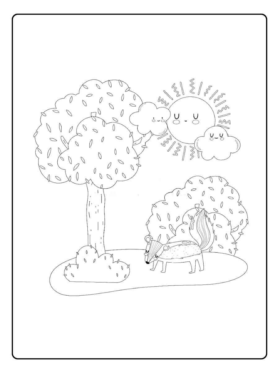 Kleurplaat natuur zonnige dag met bomen