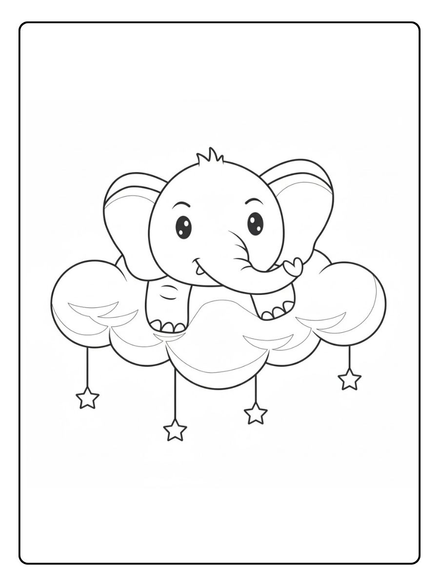 Kleurplaat olifant dromende olifant op wolkjes