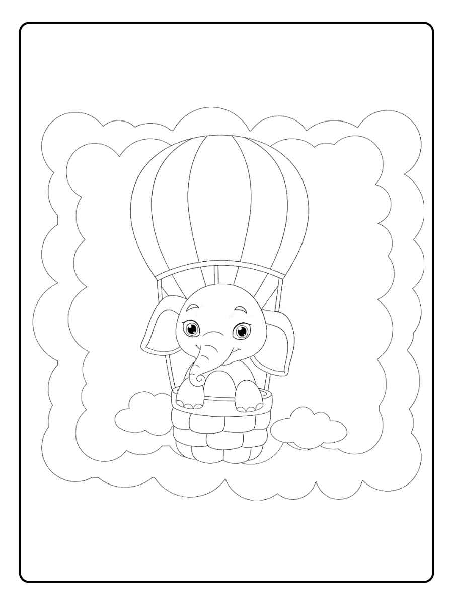 Kleurplaat olifant olifantje in luchtballon