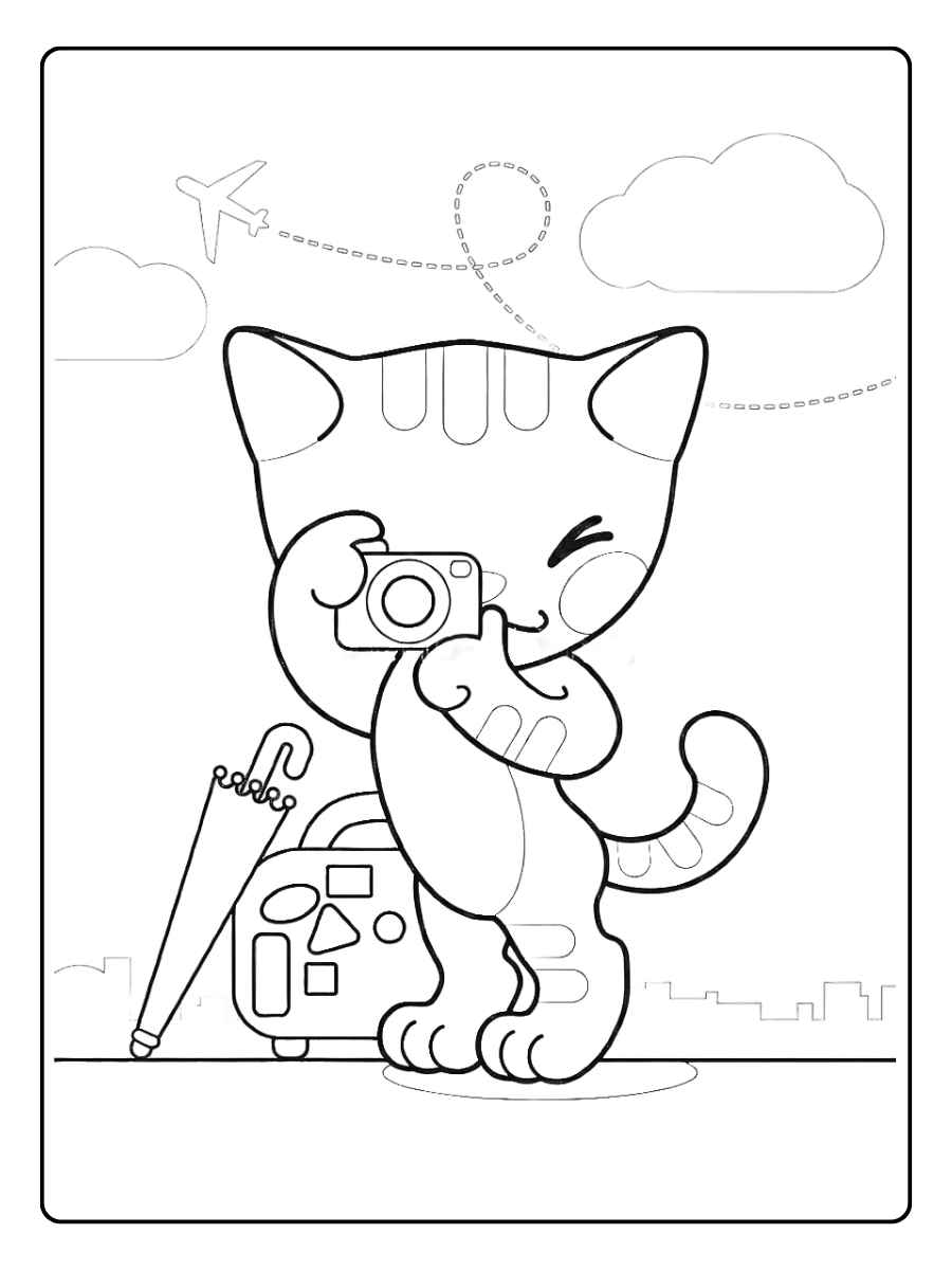 Kleurplaat poes poes met camera en rugzak