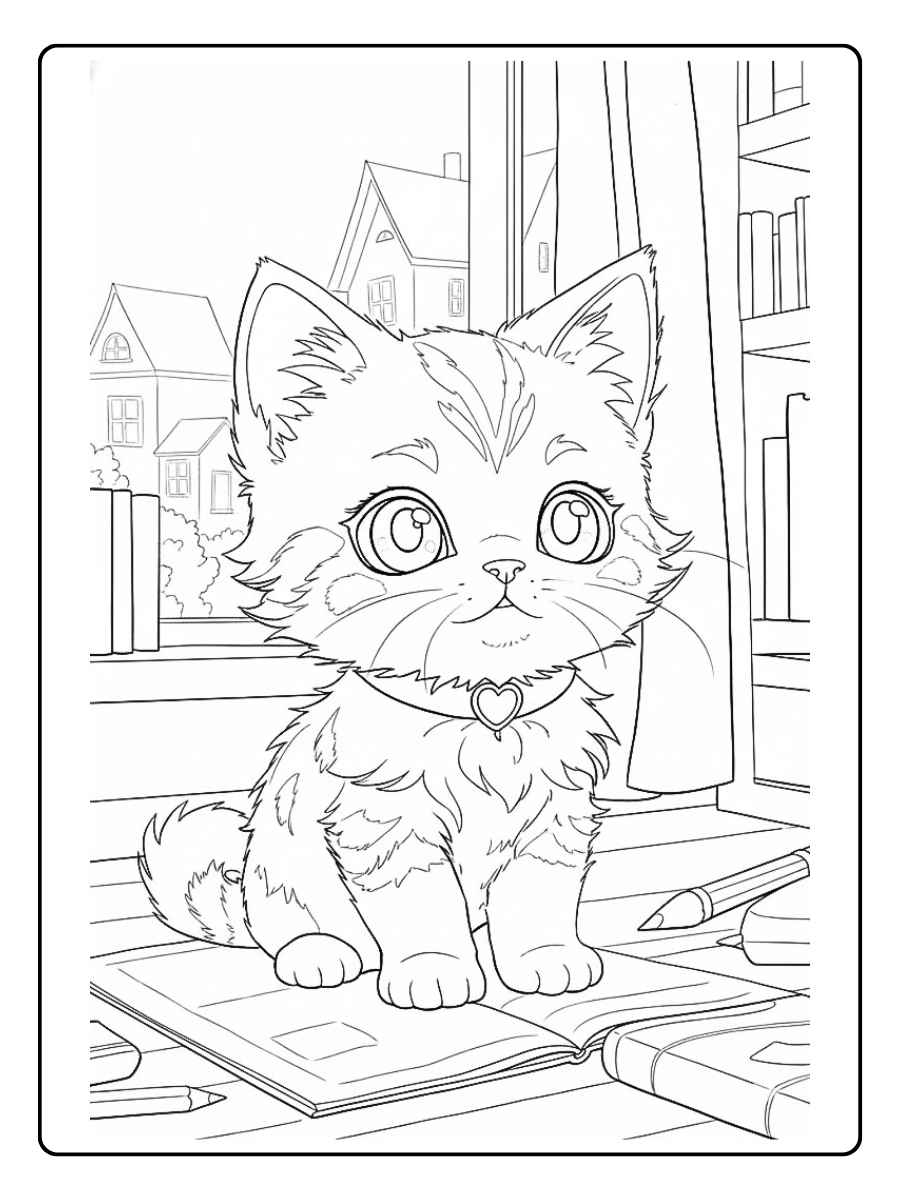 Kleurplaat poes poesje in de stad