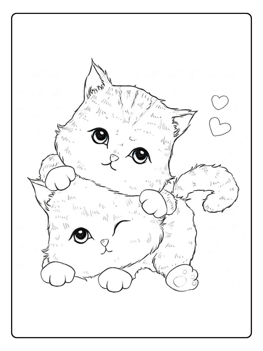 Kleurplaat poes schattige poesjes met hartjes