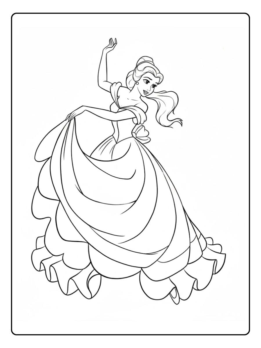 Kleurplaat prinses Belle in baljurk