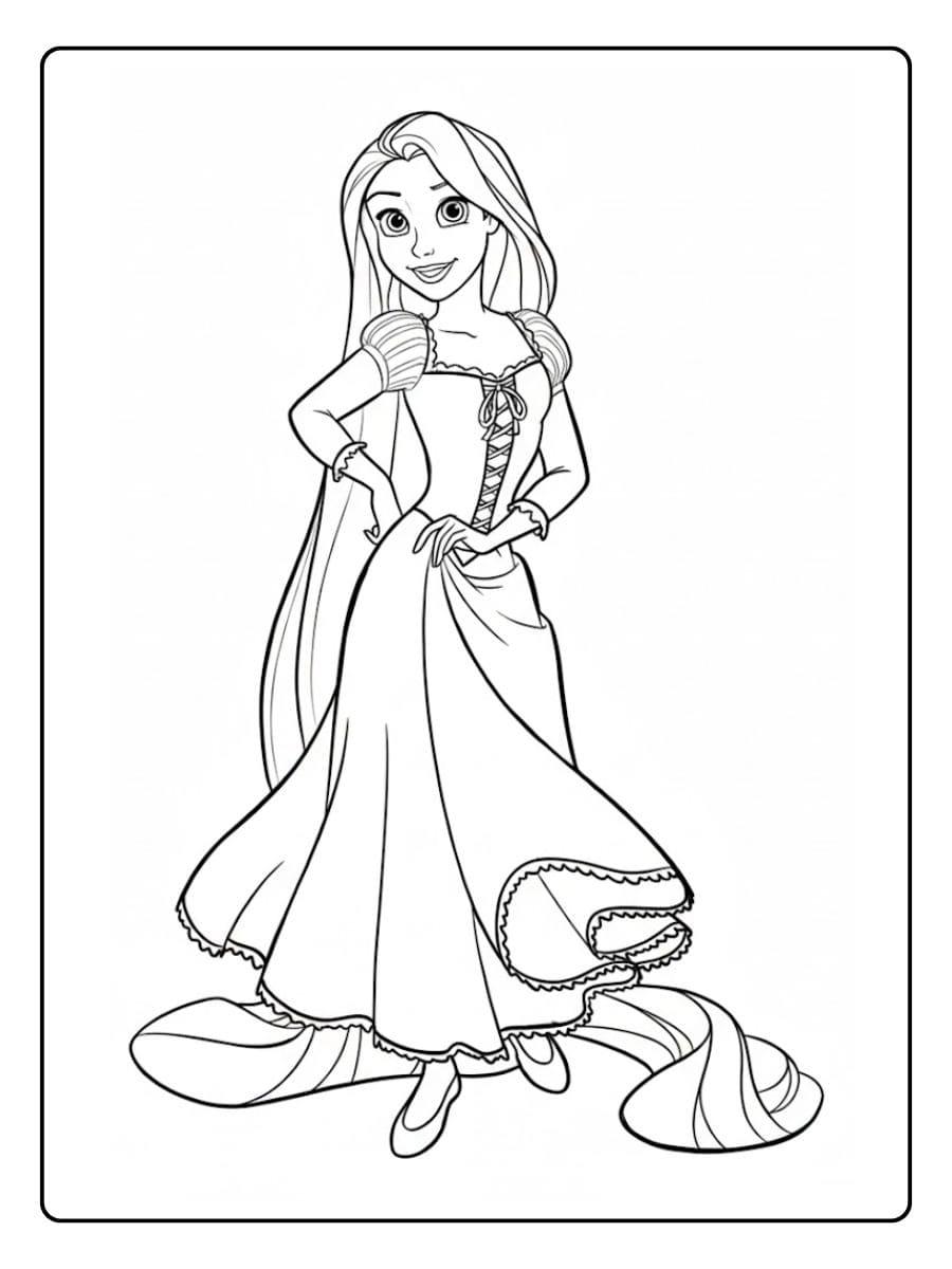 Kleurplaat prinses Rapunzel met lang haar