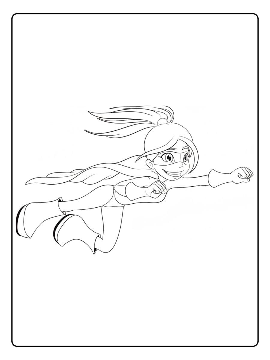 Kleurplaat superheld meisje vliegt door de lucht