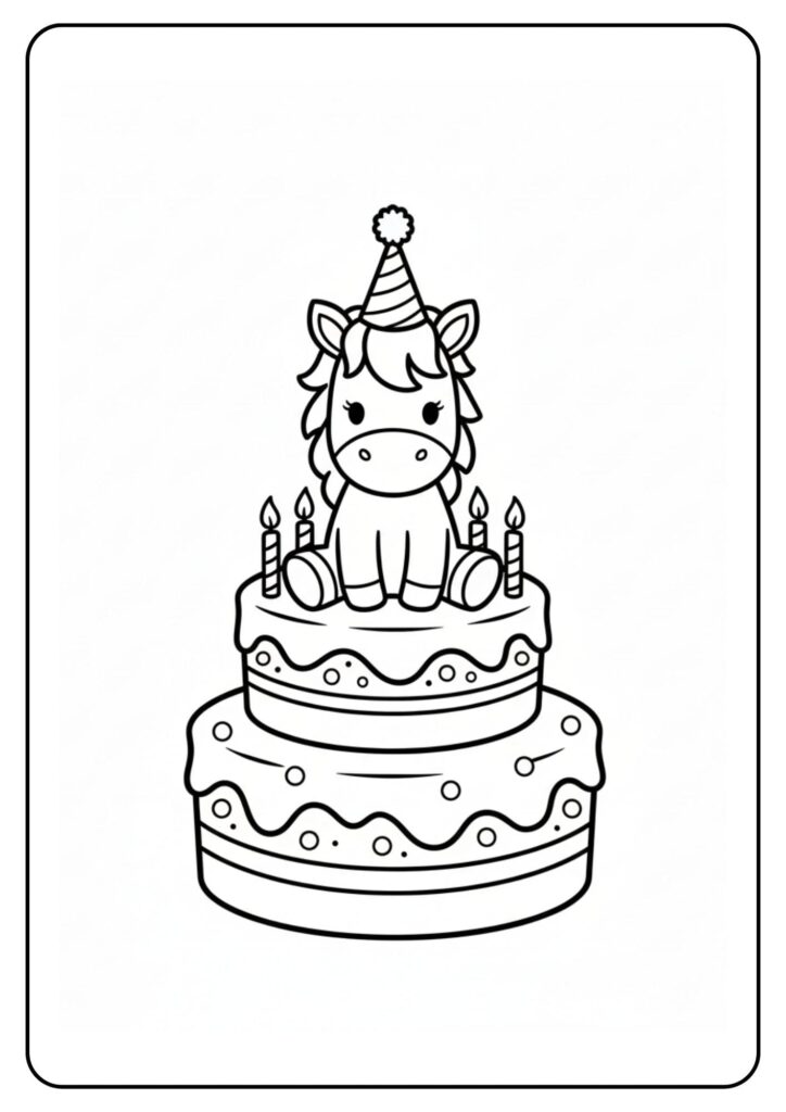 Kleurplaat unicorn op taart