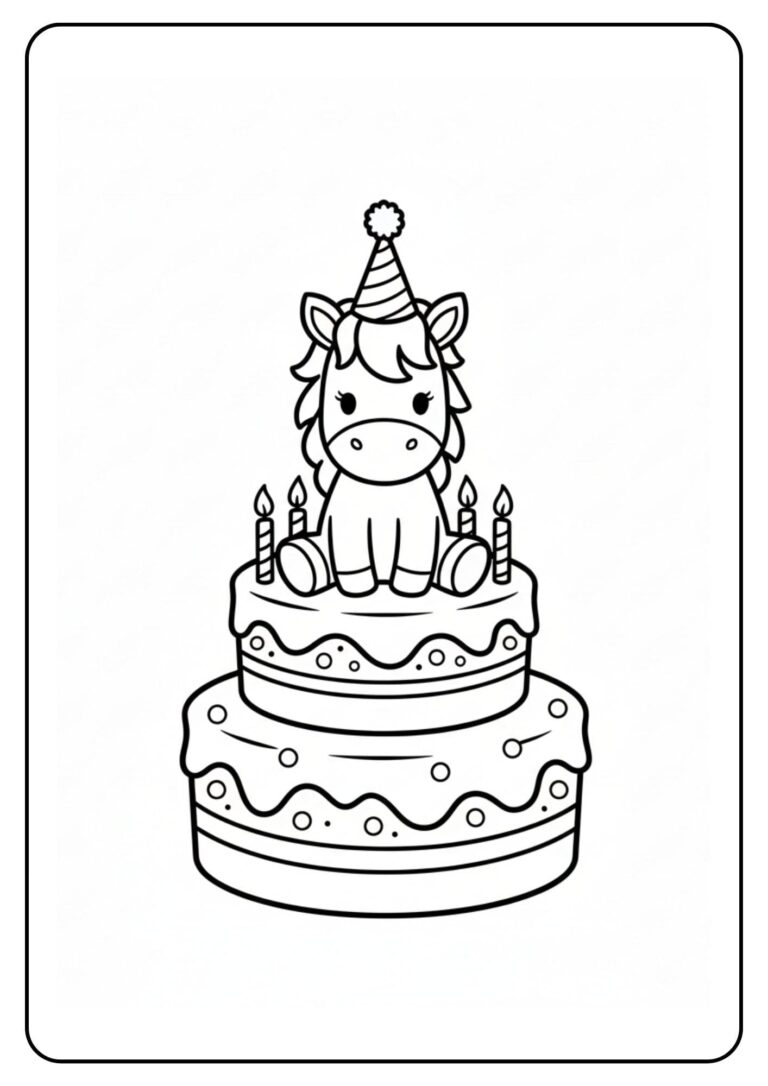 Kleurplaat unicorn op taart