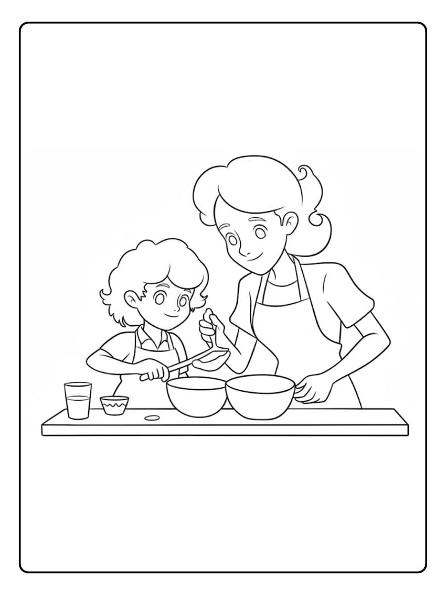 Kleurplaat verjaardag mama Moeder en kind bakken taart