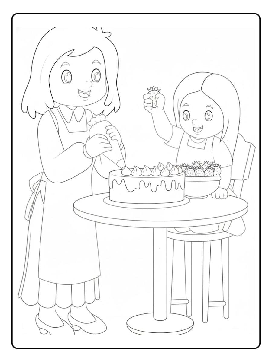 Kleurplaat verjaardag mama Samen taart versieren